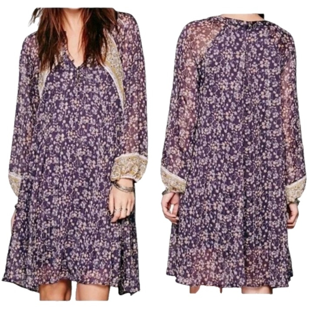 Free People Melody Laughter Dress M Boho Floral Knee Length Long Sleeve Lined